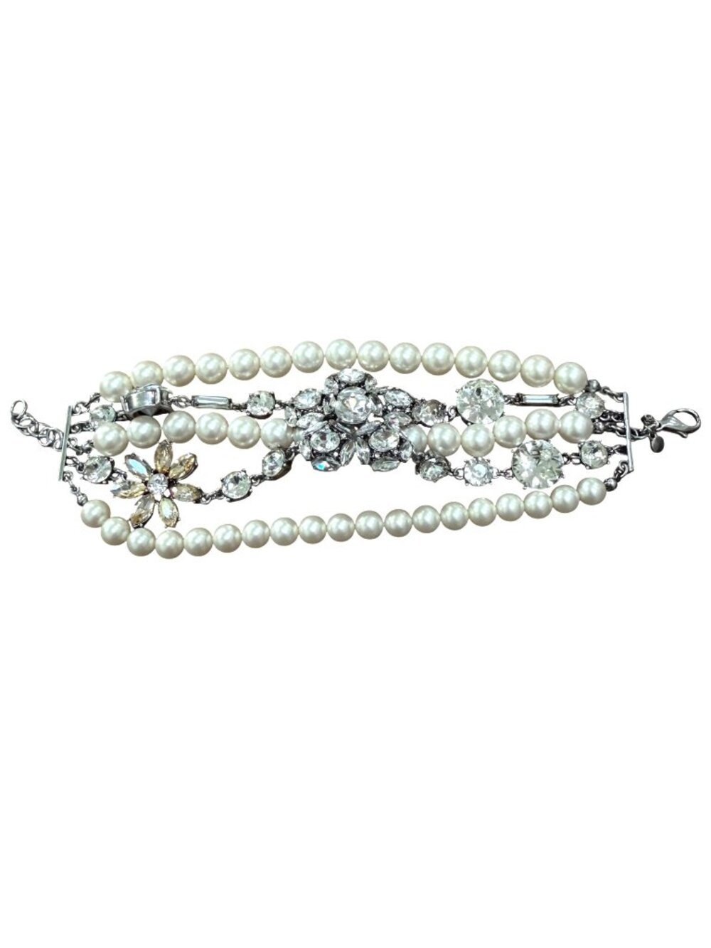 Ann Taylor Bracelet Faux Pearls Rhinestones Formal Silver Tone 7.5-8.5 inches